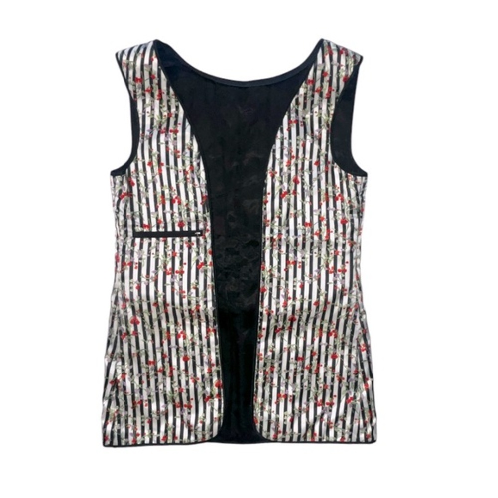 Vintage Cole Haan Striped Floral Quilted Vest Insulated Black White Red Size M